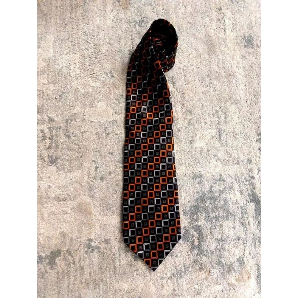 Knightsbridge Black & Orange Geometric Silk Tie - 4” x 60” Classic Necktie